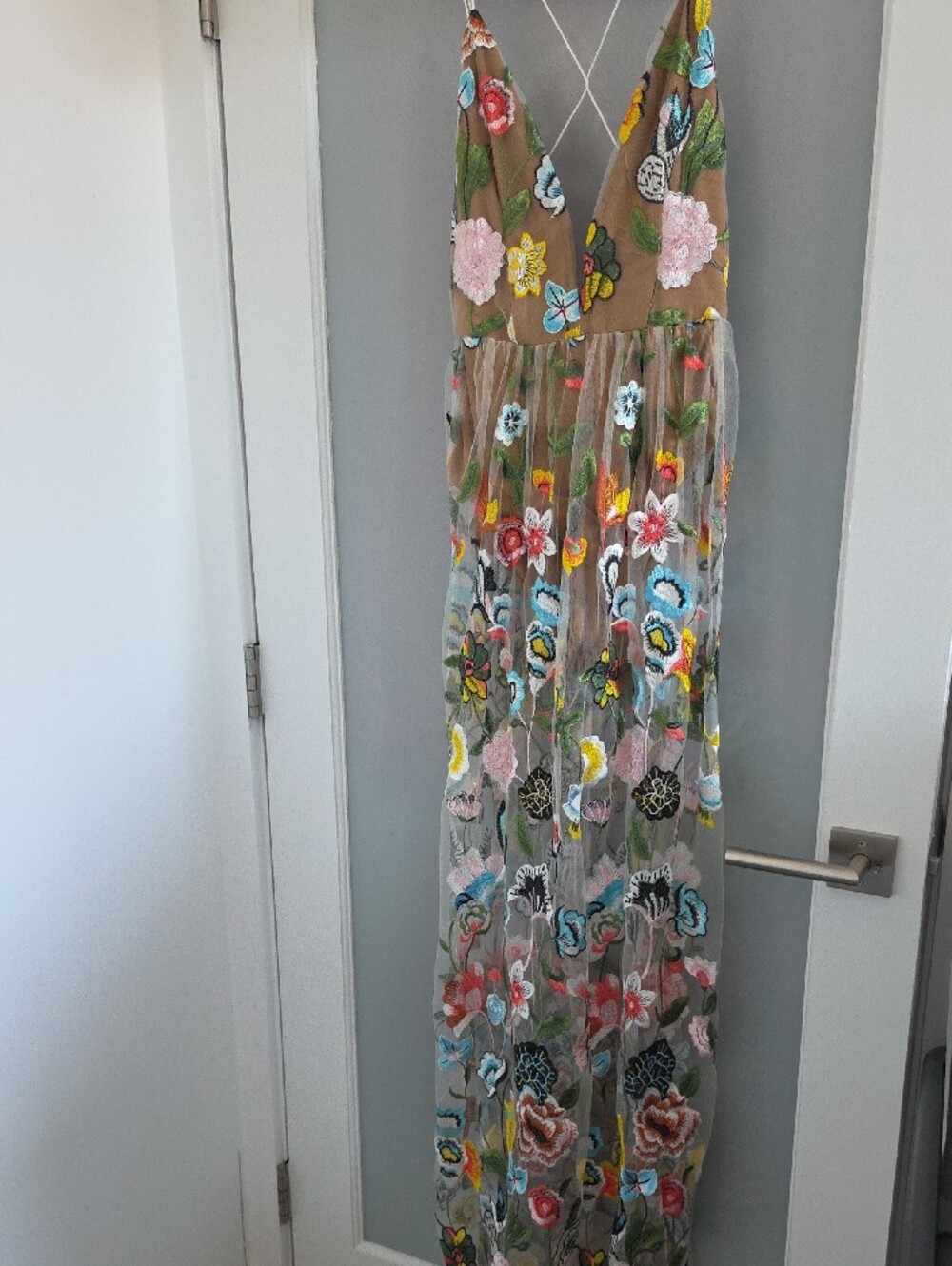 Embroidered Floral Sheer Maxi Dress in Tan with Multicolor Blooms - Picture 9 of 11